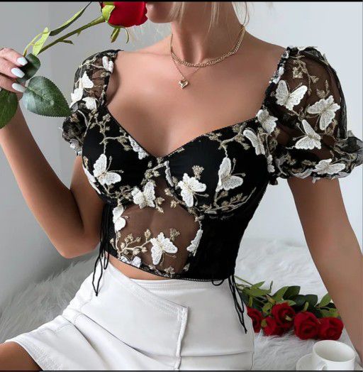 Black mesh lace butterfly Women's Lady's crop corset Top Blouse Gift
S M L XL