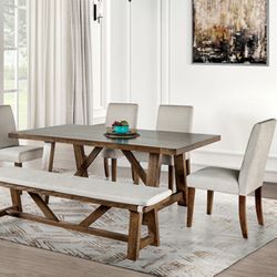 Rustic Wooden Dining Table W/ 4 Chairs & Bench
