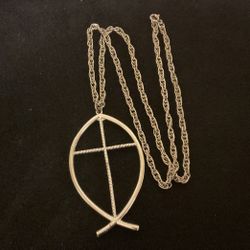 24” SilverTone Rope Necklace With Large  Fish Pendant 