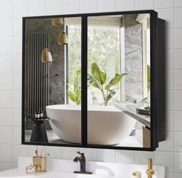 30 Inch x 26 Inch Farmhouse Black Metal Framed Recessed or Surface Bathroom Medicine Cabinet with Mirror Rectangle Tilting Beveled Vanity Mirros for W