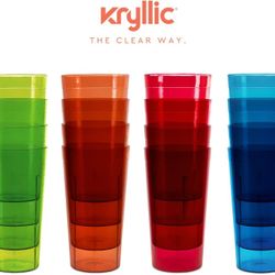 Plastic Tumblers Drinkware Glasses Cups - Acrylic Tumbler Set of 16 Break Resistant 20 oz. in 4 Assorted Colors Restaurant Quality Tumblers NEW IN BOX