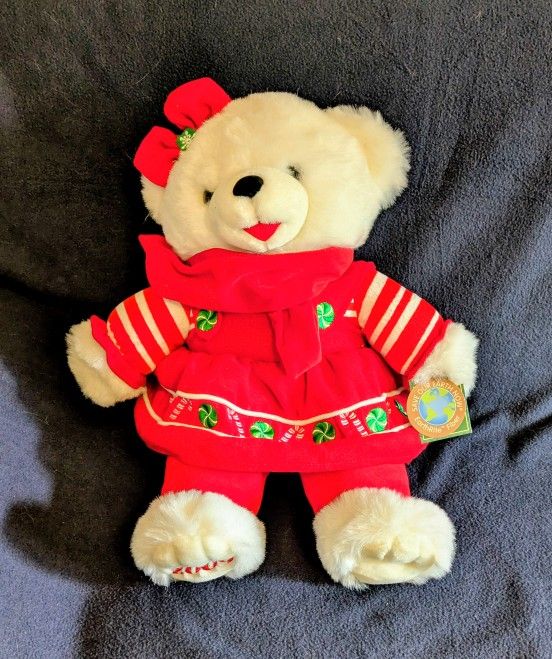 Plush White Teddy Bear Toy Snowflake Earthrite 18" Red White Green Outfit Dated 2009
