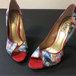 Authentic Carlos Santana Ladies Red/blue Stiletto Heel Open Toe Shoes Size 7.5.