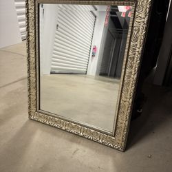 FRAMED BEVELED MIRROR 24.5 IN X 20.5 INCHES GOLD ANTIQUE TIN WOOD FRAME 