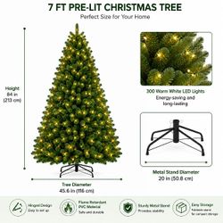 Costway Pre-Lit Hinged Artificial Christmas Tree with Dual-Color LED Lights, 350/500 Lights, Remote Control, Adjustable Brightness, Timer, Green, 6/7 