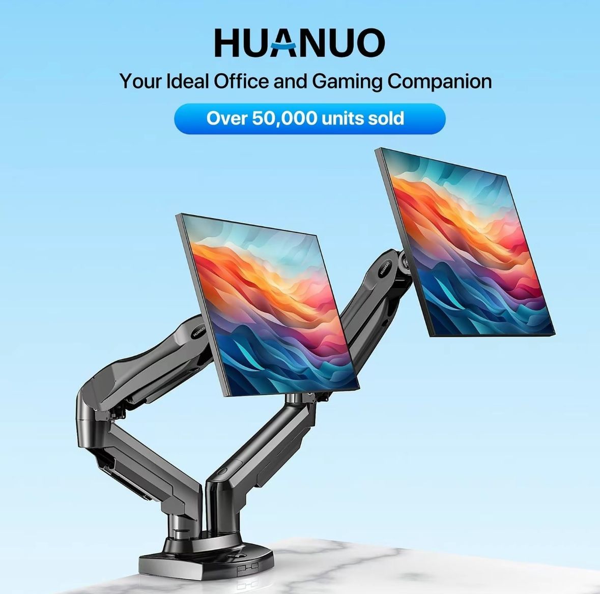 HUANUO Dual Monitor Arm - Adjustable Gas Spring Mount for 30" Monitors, 19.8 lbs Max Weight, C-Clamp or Grommet Mounting for Gaming & Office Setup hei