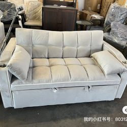 3 in 1 Convertible Sleeper Velvet Sofa Bed, Pull Out Couch for Living Room with Swivel Phone Stand, Loveseat Sleeper with Side Pocket | Adjustable Bac
