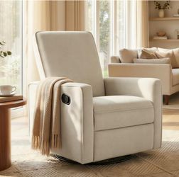 Upholstered Recliner Swivel Glider Nursery Chair Reclining Performance Fabric Rocker with Metal Base,Basketweave,Oat 