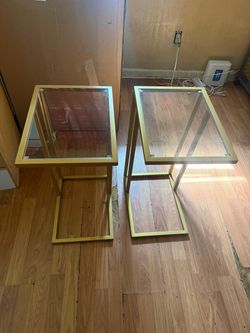 Set of 2 Gold Metal and Glass Side Tables