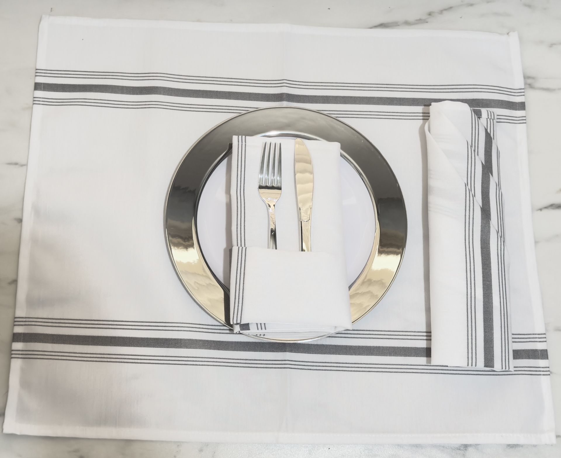 Dinner Cloth Napkins Solid White With Grey Stripe