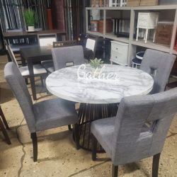 Beautiful 5 Pc Gray And White Faux Marble Dining Set With Fabric Chairs