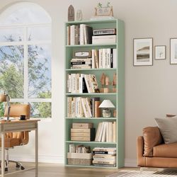 6-Tier Open Bookcase and Bookshelf, Freestanding Display Storage Shelves Tall Bookcase for Bedroom, Living Room and Office, Green  Material 