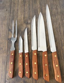 Vintage Set of 6 pcs Wooden Handles Stainless Steel Japan Assorted Knives & Fork