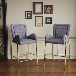 Gray Velvet Tufted Bar Stools with Gold Legs – Set of 2