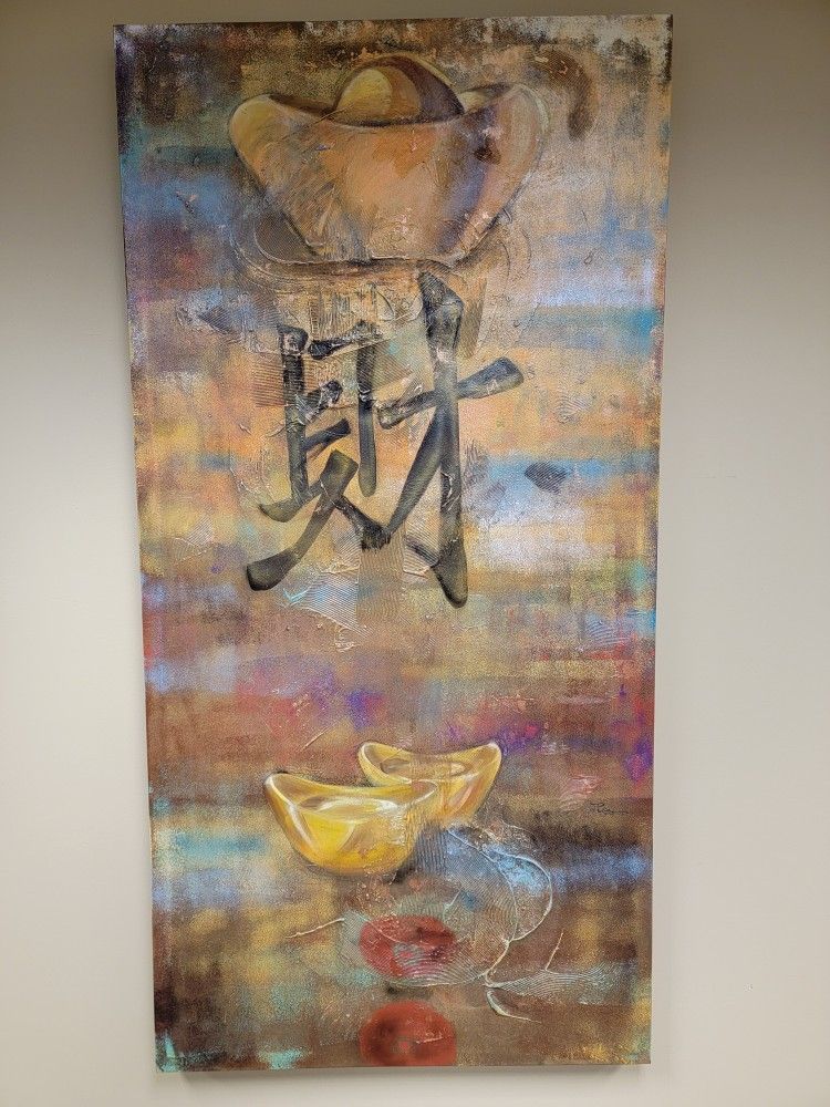 Original oil painting by the artist, titled "Wealth", featuring gold ingots.
