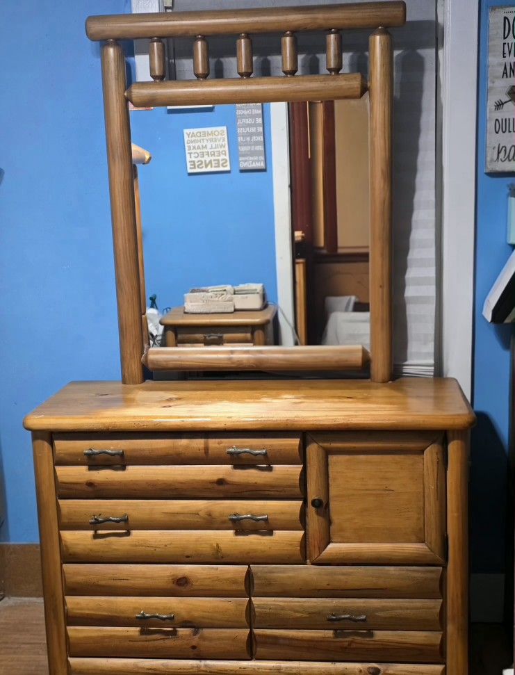 Rustic Log Dresser, Mirror, Metal tree branch handles.