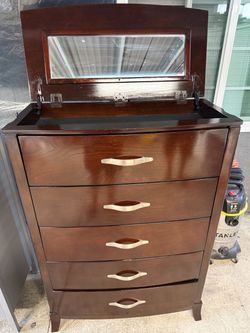 Dark used Wood Tall Dresser with Mirror Lid