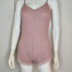 Women's Pink Lace Trim Romper Pajamas Sleepwear Size S