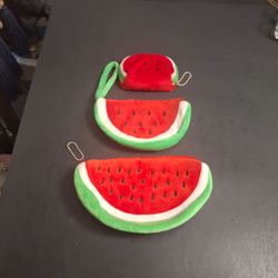Brand New Set Of 3 Plush Watermelon Shape Pouches/Coin Purses