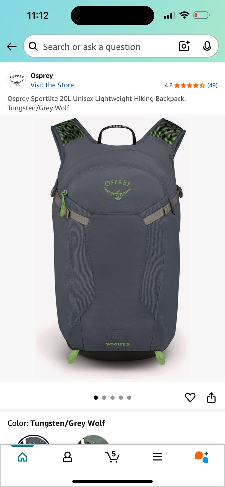 Osprey Sportlite 20L Unisex Lightweight Hiking Backpack, Tungsten