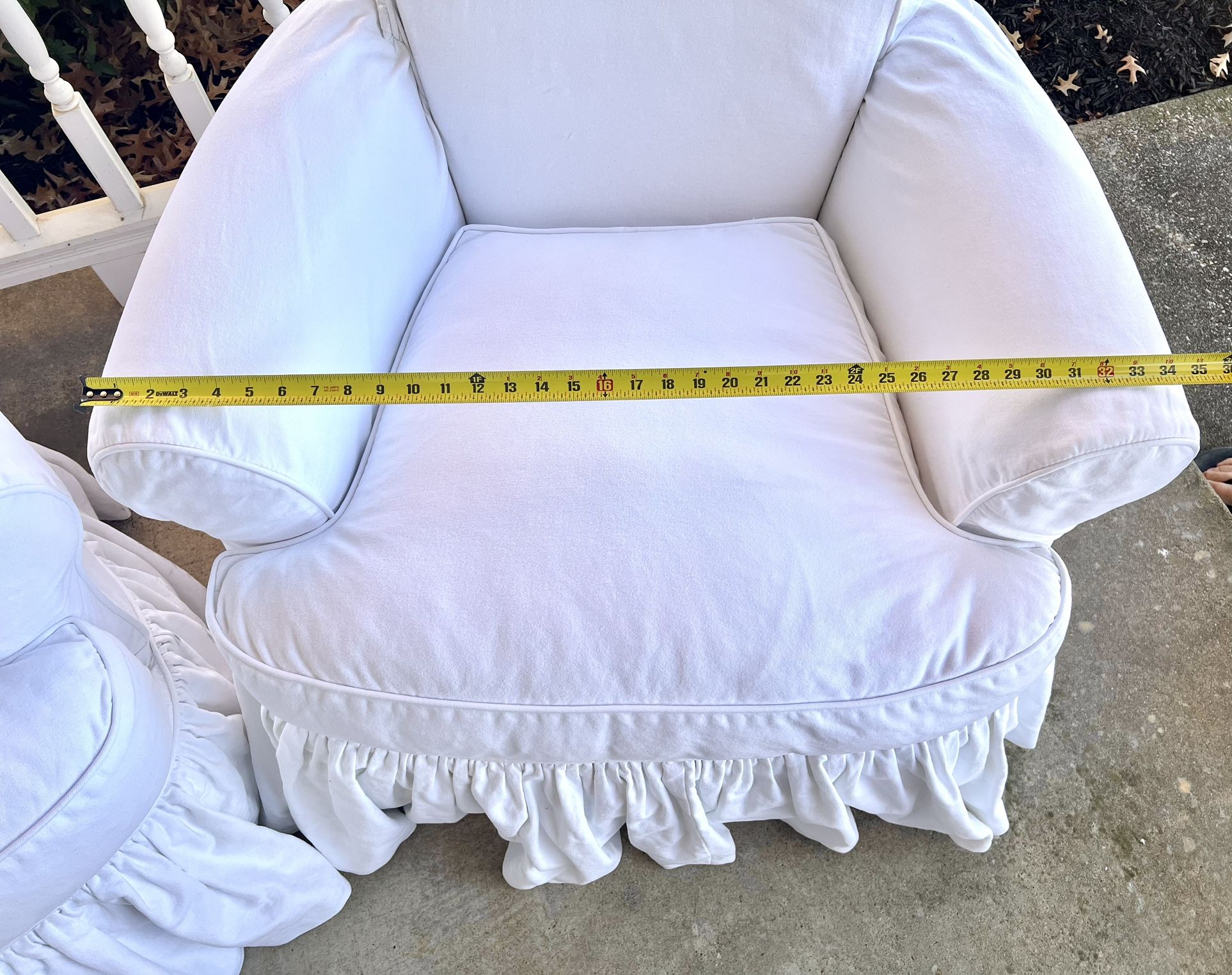 LIKE NEW!! Large Cushy White Slipcovered Chairs Skirted