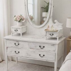 White Distressed Vintage Vanity Table with Arched Mirror, 4 Drawers, Wood