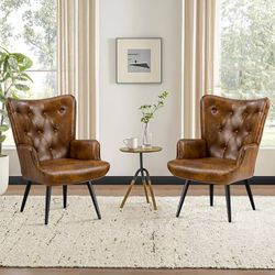 PU Leather Accent Chair for Living Room, Upholstered Reading Chair with High Backrest, Tufted-Button Wingback Armchair for Bedroom, Dressing Room, Hom