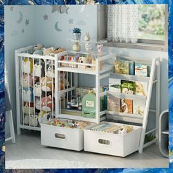 Kids White 3-Tier Wood Bookshelf and Toy Storage, With Drawers. New, in box,