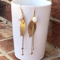 Leaf Earrings, Pearl Moonstone Earrings, Plated Gold Earrings, Natural Baroque Pearls, Dangle Drop Delicate Earrings, Shaky Gold Earring,