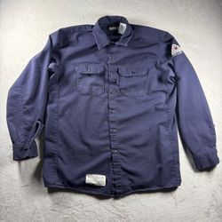 Bulwark FR Men’s L Navy Blue Button Up Shirt Flame Resistant Safety Work Wear