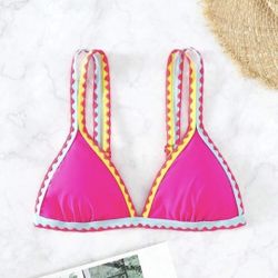 Brand New SHEIN Neon Pink Colorblock Whip Stitch Triangle Bikini Top Size XL