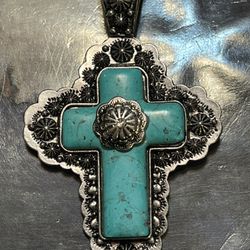 Vintage Turquoise Silver Cross Necklace Pendant - 3”