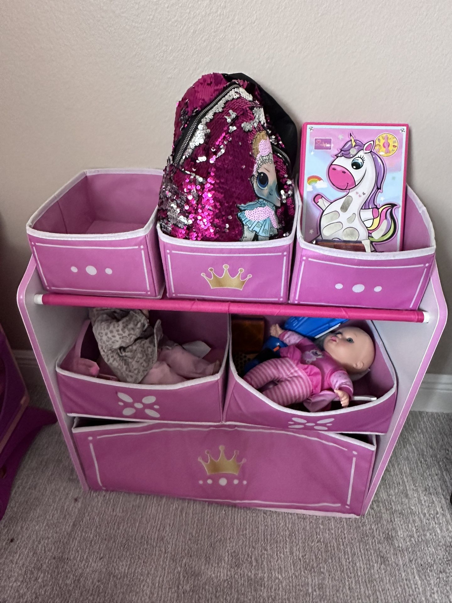 Girls toy organizer with 5 foldable drawers - pink princess crown - detachable stickers to play