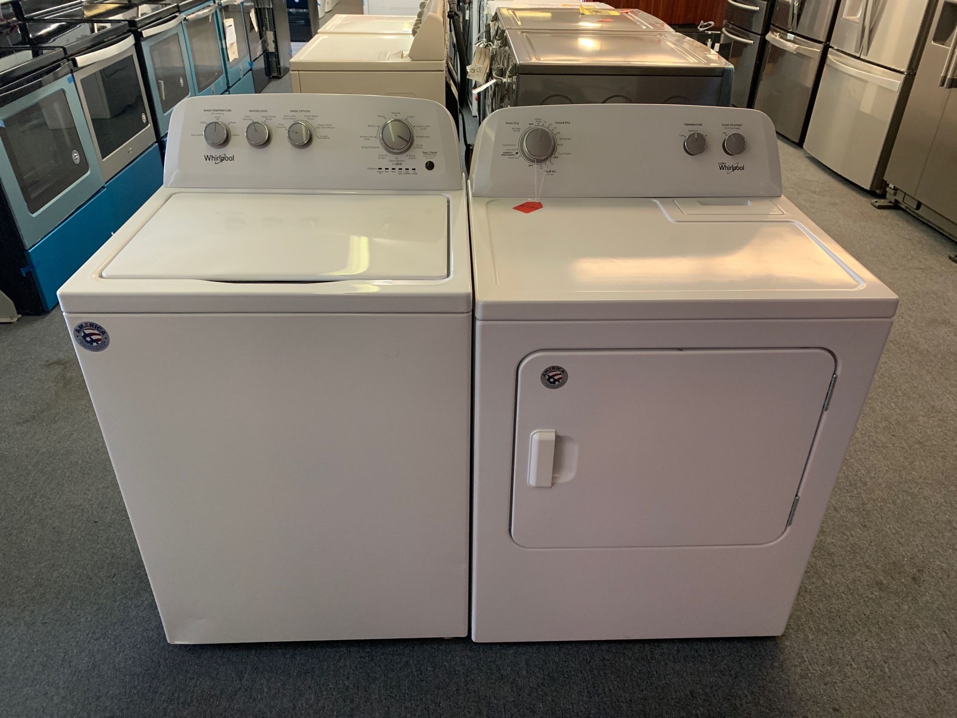 New scratch and dent Whirlpool washer and dryer set 1 year warranty