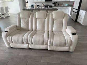 White Leather Power Recliner Sofa with Cup Holders
