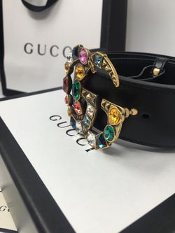 Gucci Leather Belt With Crystal Double G Buckle In Black