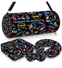 4 Pcs Video Game Theme Travel Pillow and Blanket Set
