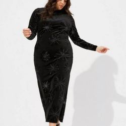 Torrid 0x Black Long Sleeve Maxi Velvet With Beads Dress Full Length 
