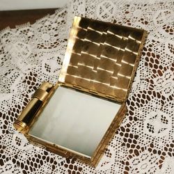 VINTAGE BRASS FLORAL FLOWER  DOUBLE SIDED MAKEUP POWDER COMPACT LIPSTICK HOLDER MIRROR COLLECTABLE TRAVEL STORAGE CASE