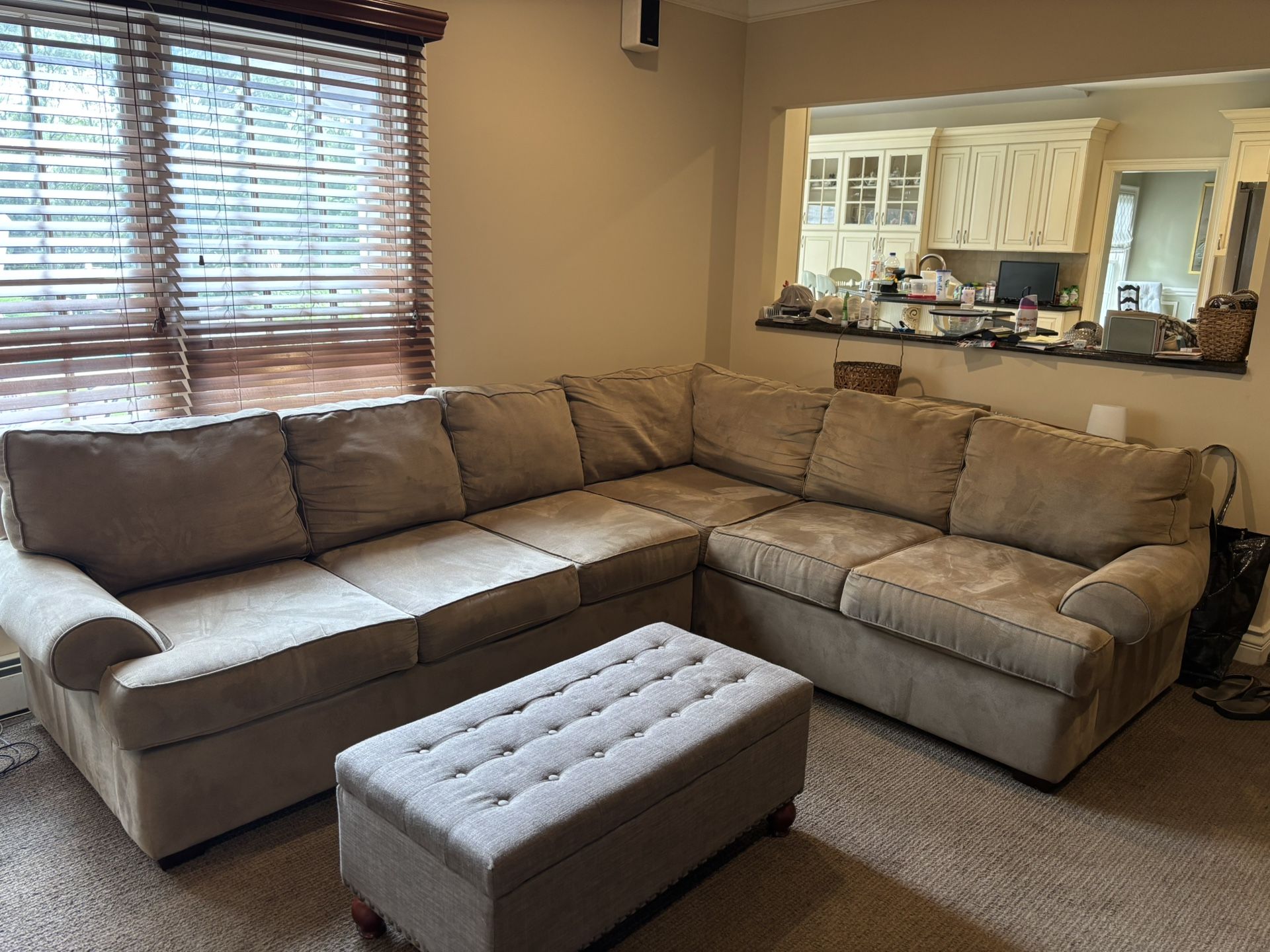 Beige sectional Sofa, Matching Chair & Ottoman, Storage Ottoman