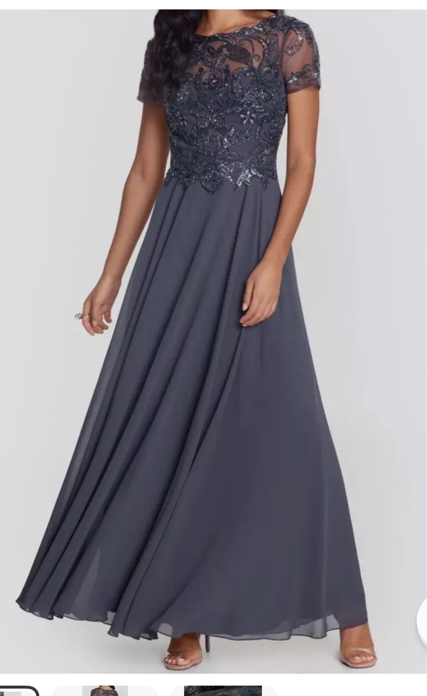 XSCAPE Women Gray Beaded Chiffon Sheer A Line Gown Dress Petite