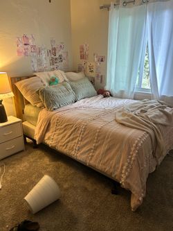 Full size bed frame, headboard, mattress, and box spring