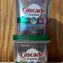 2 Cascade Platinum ActionPacs, Dishwasher Detergent, Fresh Scent, 62 count each.
