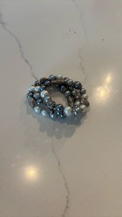 Blue and White Pearl Beaded Wrap Bracelet