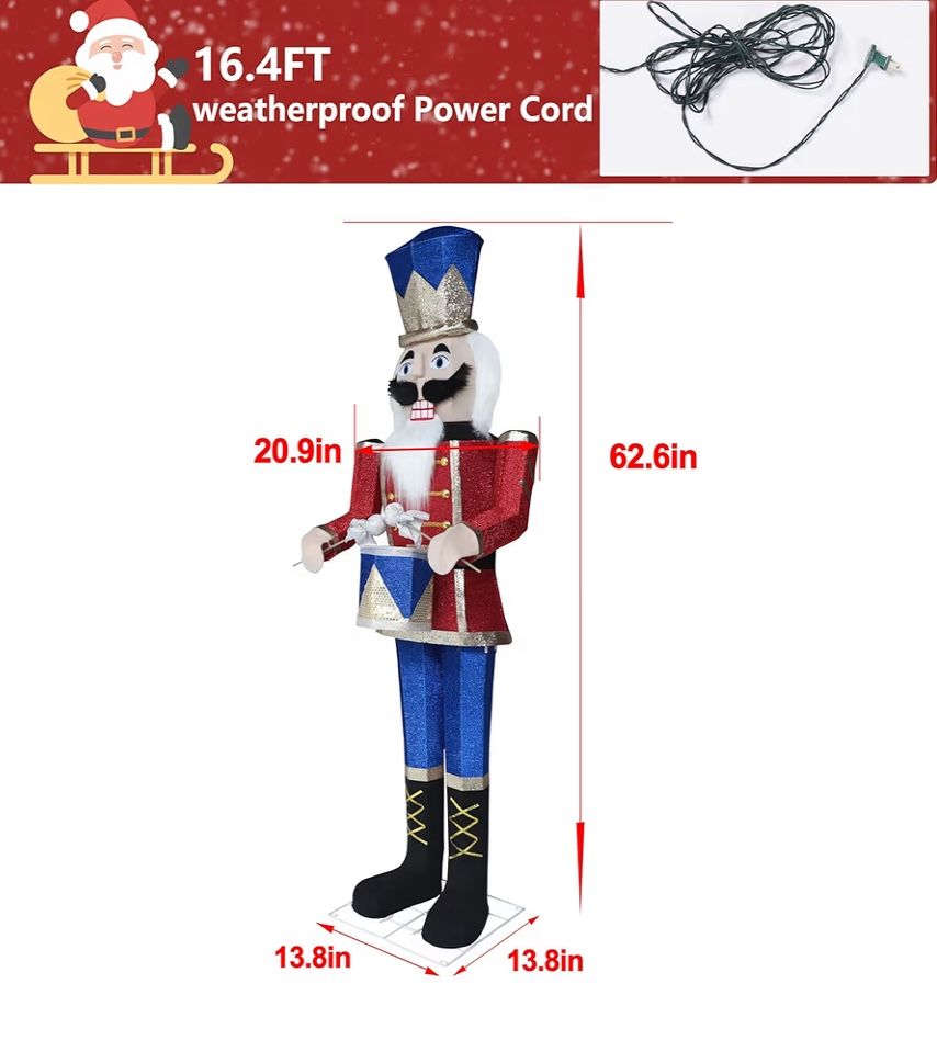 ✌️ 5FT Lighted Nutcracker with Drum for Christmas Decoration, Pre-Lit 3D Iridescent Soldier Xmas Decor with 100 Warm White Lights, Glittered Standing 