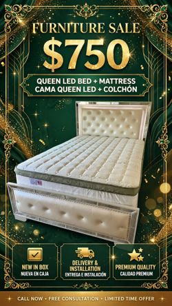 Queen LED Bed Frame with Mattress  new in a box  mattress Included