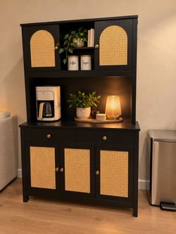 Black Kitchen Hutch with Rattan Doors