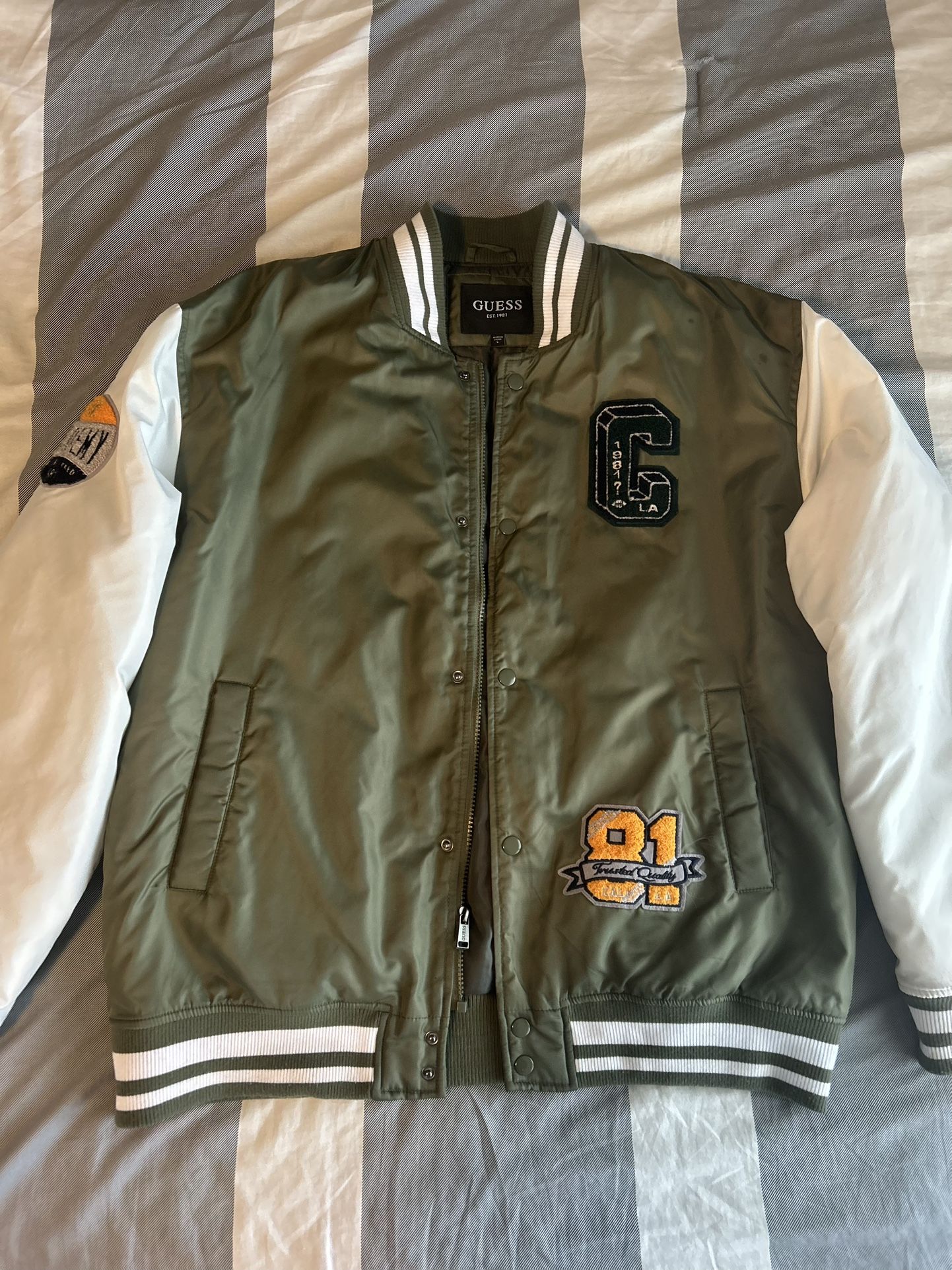Guess Varsity Jacket Green & White Bomber Streetwear Y2K Style