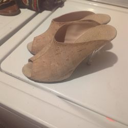 Tam Wood  Grain Or Cork Pattern W Clear Heels, Barely Worn Like New Size 51/2 Or 6