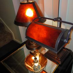 Lamps Set Of Bankers Lamps Both Have Brass  Hardware Cheyenne Designed Antique Style Brass Mica Shades 